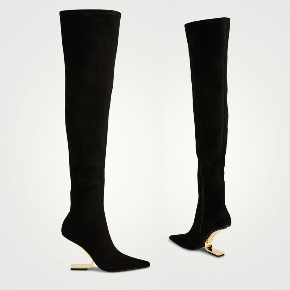 JEFFREY CAMPBELL *NWOT* Compass Suede Over-the-Knee Gold Sculpted Heel Boots 5.5